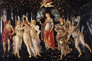 Painting from Botticelli — women and men from mythology in an orchard, with a cupid above them.