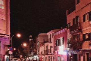 Quiet street at night in Palma de Mallorca, Balearic Islands, Spain. Personal snapshot in 2021.