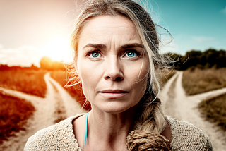 close-up of a person standing at a crossroads, looking unsure but determined, sun setting in background