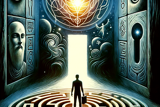 A figure stands at the entrance of a labyrinth, gazing into its depths. Shadowy figures and symbols emerge from the darkness, symbolizing the journey into the personal and collective unconscious.