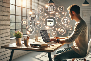 a realistic photograph-style blog cover that depicts a modern workspace with a human person working on a laptop. The scene features warm, natural lighting and creative glowing icons symbolizing productivity.