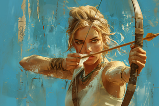 AI generated image of Goddess Artemis, while drawing her bow. She’s blonde and seems to be laser focused on her target.