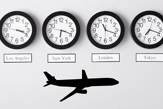 Clocks showing time zones with an illustration of a plane underneath