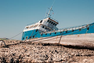 climate disaster depicted by an abondoned old ship on the rocks