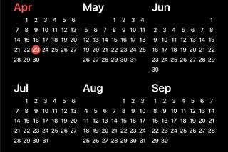 Small calendars of April through September are displayed in white against a black background.