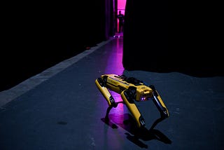 a Boston Dynamics robot police dog is standing in a dark room. A person is standing in an open doorway at the back of the room.