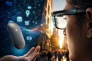 IMAGE: A woman wearing smart glasses faces a glowing AI device floating above a hand, with digital icons blending into a city street