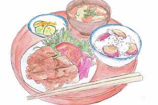 Watercolor illustration of a platter with a dish and three bowls of food, and chopsticks.