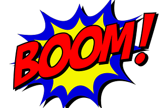 Comic-book-style word art reading, “Boom!”