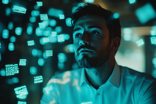 A person in a white collared shirt looks upward, illuminated by cyan-blue light from floating text boxes scattered across a dark background, creating a visualization of digital information or data in space.