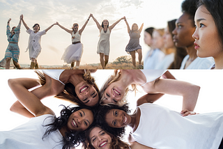 Global women in white clothes coming together in prayer and celebration