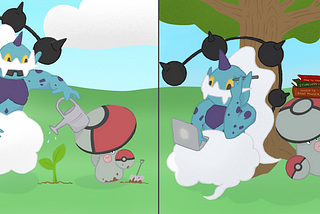 Left panel: A picture of Thundurus and Amoonguss planting a sapling. Right picture: Thundurus and Amoonguss are under the tree that has grown.