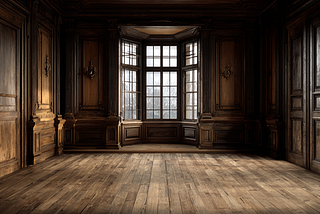 A large, empty, wood-paneled room.
