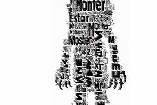 A monster made from a cloud of printed words stands silhouetted like a menacing shadow against a white background