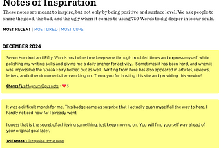 Screenshot of the page on 750 words that lists all the notes in chronological order, by likes, and by cups