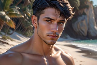 A hot guy with short black hair, shirtless, on the beach.