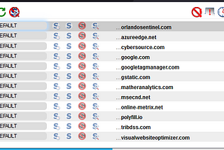 Screen shot of NoScript dialog for OrlandoSentinel.com shows 12 different domains from 10 different companies running scripts on the account creation page. This allows all of the 3rd parties to sniff the user session, including capturing credentials in real time as they are entered.