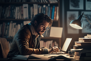 Man studying on his laptop, looking perpelexed and tired.