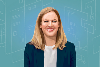 An illustrated portrait of Elisabeth Carr in front of a background of digital wireframes.