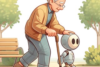 A cartoon of an elderly man, slightly bent over, being assisted by a robot that looks like a doll or a toy, as they walk together in a peaceful park.
