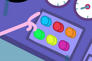 Dedo indo em direção a um dos 6 botões coloridos em uma interface de um carro: Azul, vermelho, laranja, verde, amarelo e rosa