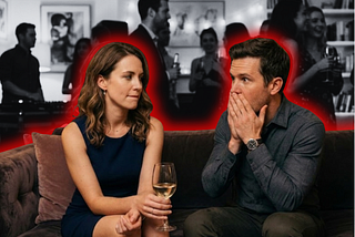 An image of an attractive man and woman sitting on a couch talking. The woman looks hesitant, and the man looks mortified as he assumes he has been rejected.