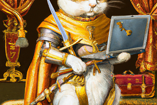 A Picture of a royal golden cat coding in his laptop