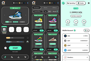 3 screenshots of the STEPN app — my currently selected sneaker, the in-game market for sneakers, and my Solana wallet attached to the account