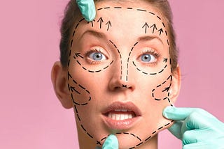 A woman with no wrinkles has lines drawn on her face, indicating where she needs a face lift