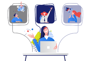 Illustration describing a person with a computer in a videoconference with other peers. Working remotely.