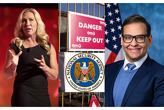 Marjorie Taylor Greene & George Santos on either side of a gate saying “Danger Keep Out” with the NSA Seal below it.