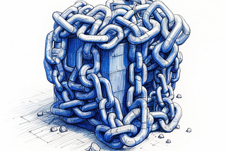 AI generated image of a heavy chain draped over a block of some kind, drawn with a ball point pen.