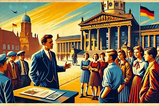 drawing: teacher stands outside on a Berlin square, talking to students. German flag on the background.