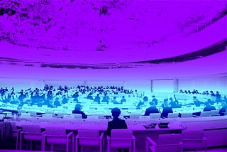 United Nations conference room in Geneva with purple and blue overlay