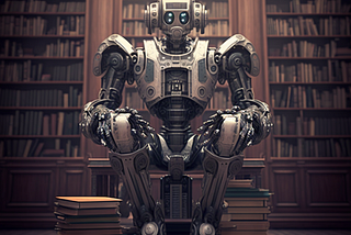 robot in a library — Midjourney