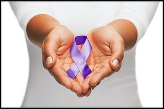An image of someone dressed in white holding out her cupped hands, which hold a purple domestic violence ribbon.