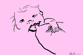 A sketch of a very toothy baby approaching a nipple, hand pinching flesh