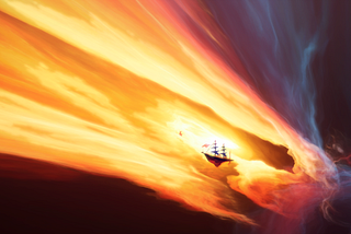 A Storm Ship with twin masts is silhouetted in a thick radiant band of golden Storm Energy. Off its bow, a much smaller bird like ship is just visible.