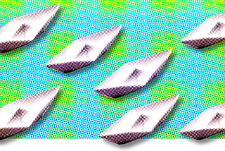 Seven paper boats on a teal surface with a halftone effect