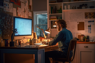 Man with beard sitting at desk in front of computer with warm lighting and lamp.