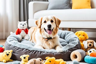 A cozy dog bed with fluffy pillows and a soft blanket, surrounded by toys and treats. The bed should be large enough to accommodate your furry friend and made of durable, high-quality materials. There should be a sense of comfort and relaxation in the image, with warm colors and a peaceful atmosphere. The dog should be shown curled up or lounging happily in the bed, with a content expression on its face.