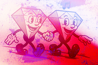 Two cartoon diamonds walking down a street holding hands