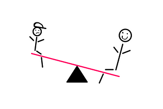 How To Use Leverage In Life Using First Principles — An illustration showing a see-saw, where a child-like stick figure appears sad and raised on the left. A bigger adult-like stick figure is seated lowered on the right and seems to be smiling.