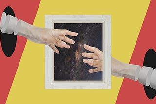 hands reaching through a portal of the universe to each other