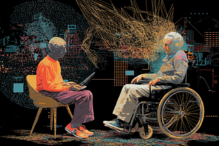 An abstract digital illustration depicting a collaborative interaction between two people against a black background. One person sits in a chair holding a tablet, while the other sits in a wheelchair facing them. Between their heads, a vibrant explosion of golden and blue lines, dots, and circuit patterns symbolizes a digital or neural connection. The style uses textured stippling and intricate linework to blend human connection with technology.