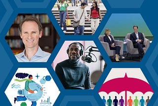 Collage featuring images of our President, John Palfrey, students in front of a staircase, a man speaking into a microphone, an illustration of a woman holding a key, and animated people of different colors standing under an umbrella.