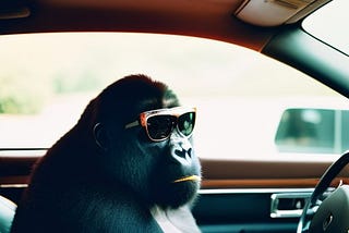 gorilla with sunglasses and wearing a suit driving a lambo