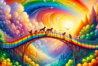 Pets crossing a rainbow bridge with a swirling sunset in the background and doves flying above.