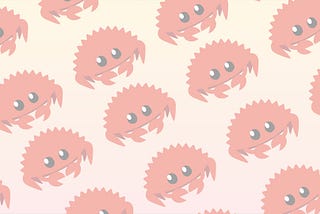 Repeating pattern of a cute cartoon crab named Ferris (the Rust programming language mascot) over an orange gradient