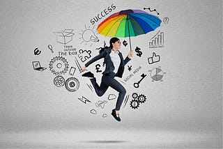 Happy Woman with rainbow umbrella and all kind of symbols floating around her